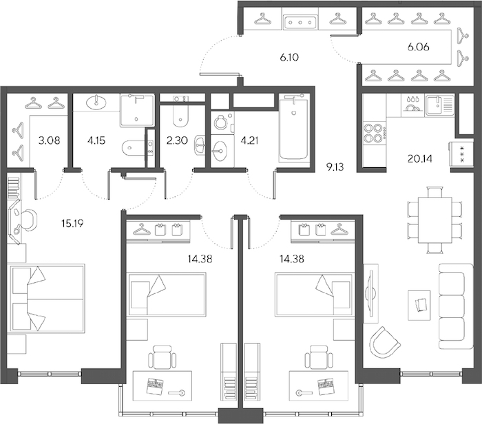 3-комнатная квартира 99.12 м², 3/9 эт., ЖК «LEGENDA Большой 67»
